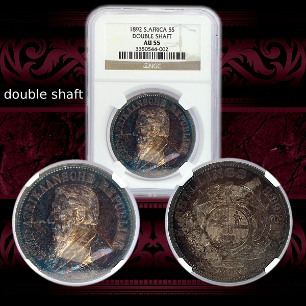 1892 Silver ZAR 5 Shilling Double Shaft AU55 Grade NGC Slabbed