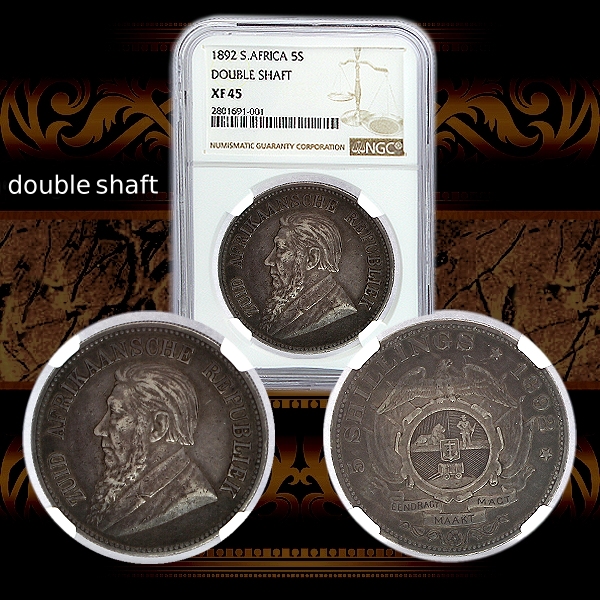 1892 Silver ZAR 5 Shilling Double Shaft XF45 Grade NGC Slabbed