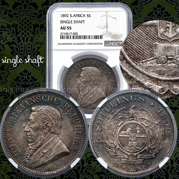 1892 Silver ZAR 5 Shilling Single Shaft AU55 Grade NGC aa