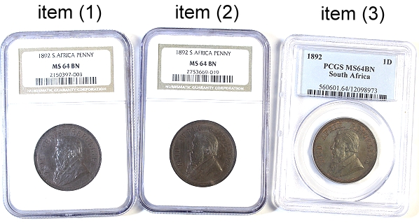 1892 ZAR 3 x Graded ZAR Pennies all MS64 BN