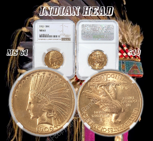 1909 Gold 10 Dollar India Head MS61 NGC Slabbed