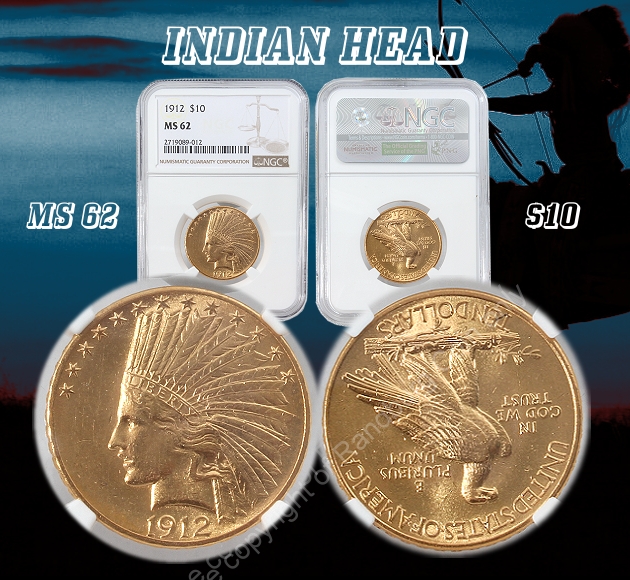 1909 Gold 10 Dollar India Head MS62 NGC Slabbed