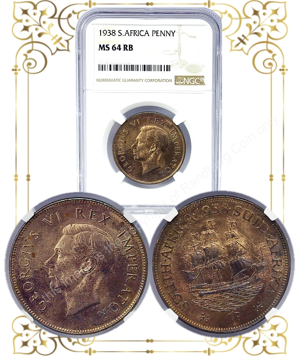 1938 Penny Red Brown Graded MS64 RB Republic of South Africa