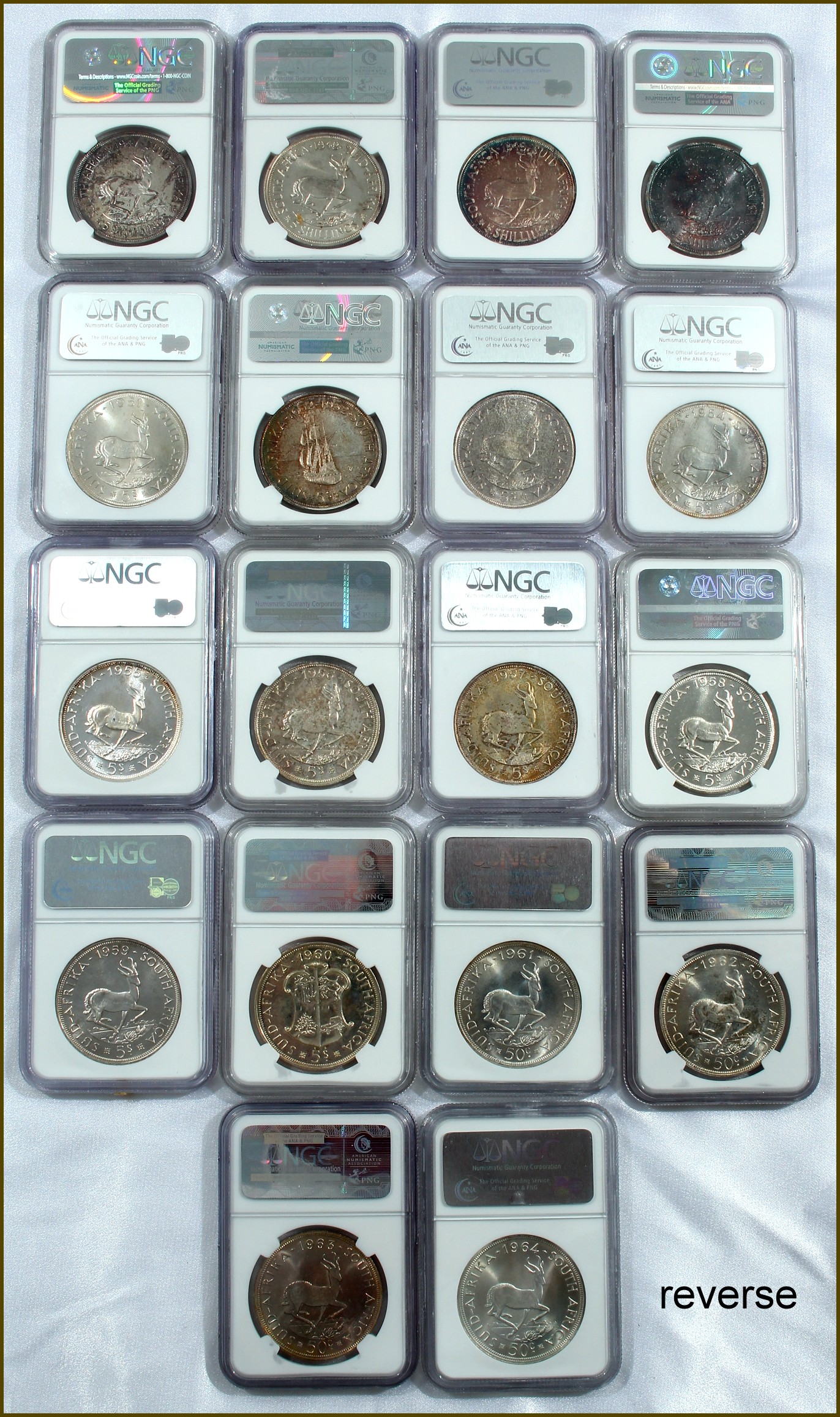 1947 to 1964 Silver 5 Shilling Complete NGC Graded Set rev