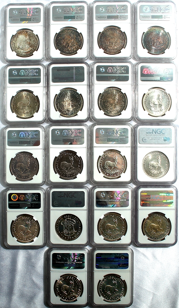 1947 to 1964 Silver 5 Shilling Complete NGC High Grade Set rev