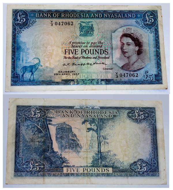 1957 5 Pound Bank Rhodesia and Nyasaland P22a