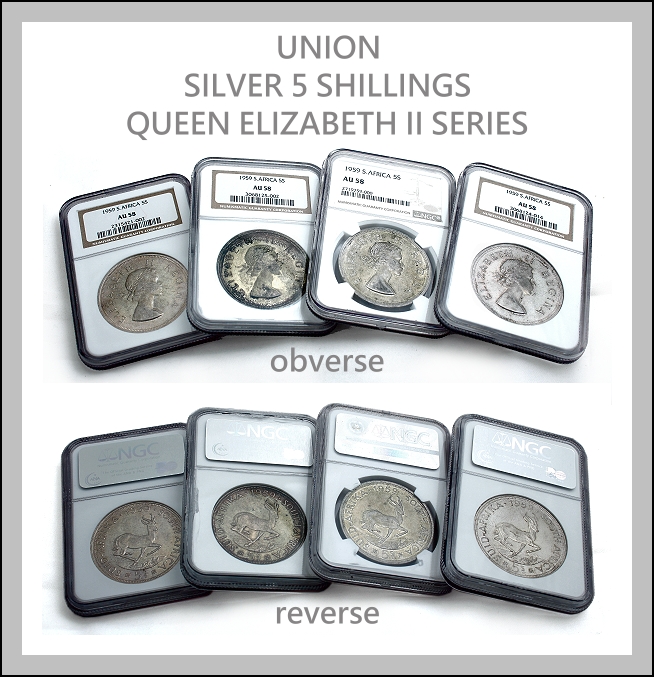 1959 Union Silver 5 Shilling Graded AU 58 Queen Elizabeth II Series