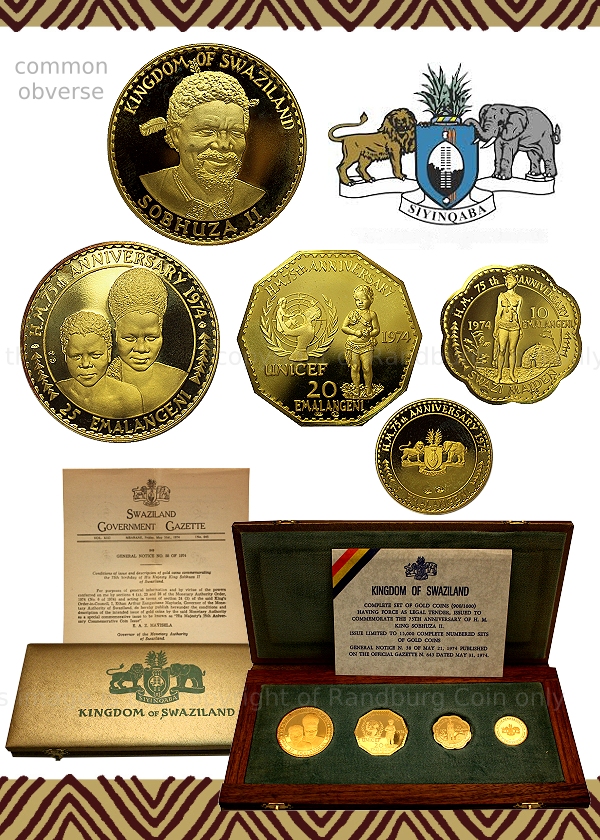 1974 Gold 4 Coin Commemorative Set King Sobhuza 75th Anniversary Issue