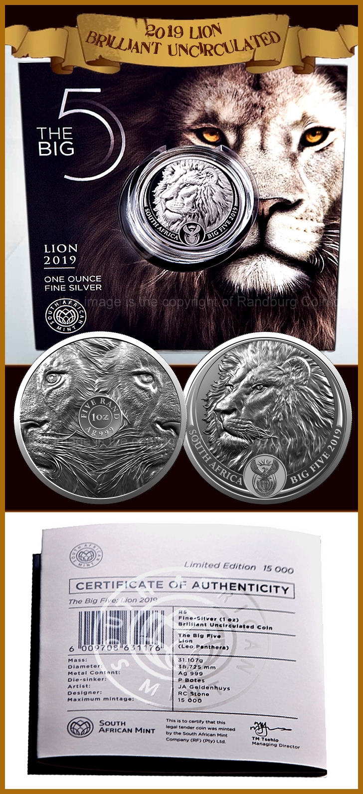 2019 R5 1oz Fine Silver Brilliant Uncirculated Big Five Lion