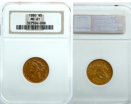 1880 Gold 5 Dollar MS61