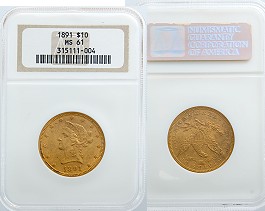 1891 Gold 10 Dollar MS61