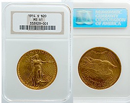 1914 Gold 20 Dollar MS61