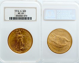 1916 Gold 20 Dollar MS63