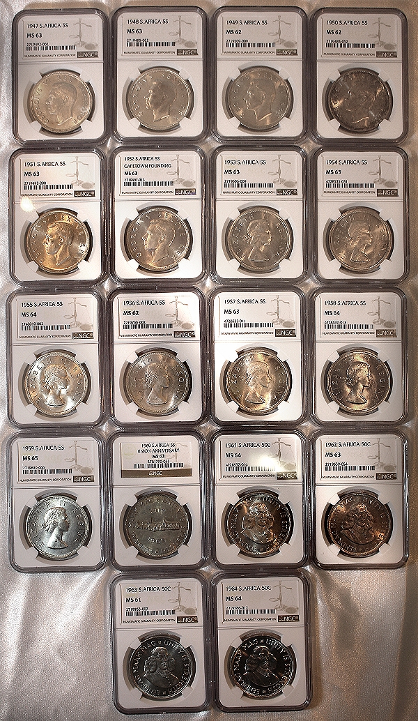 1947 to 1964 Silver 5 Shilling Complete NGC Graded Set a ob