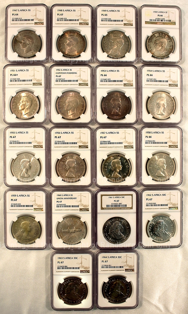 1947 to 1964 Silver South African Graded Crown Proof Like Set ob