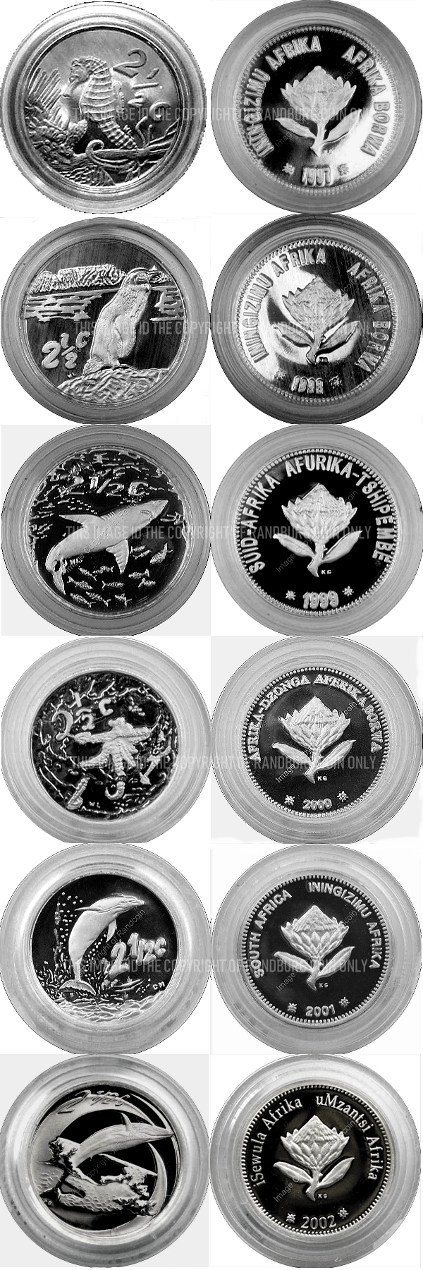 1997 to 2002 SA 2.5 Tickey Silver Proof coins