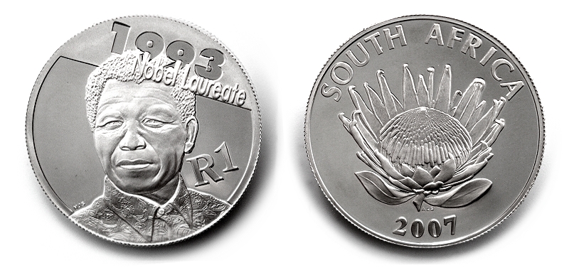 2007 Protea Silver Proof R1 Coin Mandela Nobel Prize winner coin