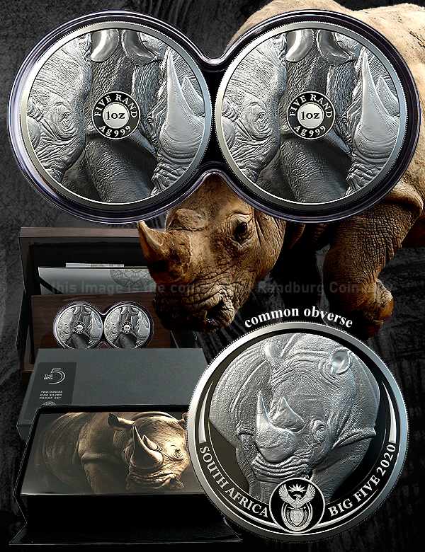 2020 1oz R5 Silver Proof 2X Coin Set Big Five Rhino