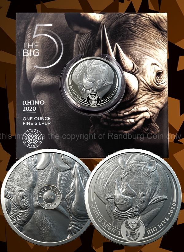 2020 R5 1oz Fine Silver Brilliant Uncirculated Big Five African Rhino