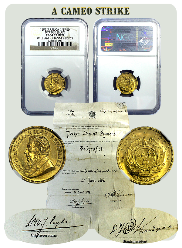 1892 Gold ZAR Leyds Half Pond Double Shaft Grade NGC PF64 Cameo