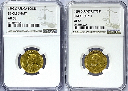 1892 Gold ZAR Ponde AU58 XF45 Single Shaft