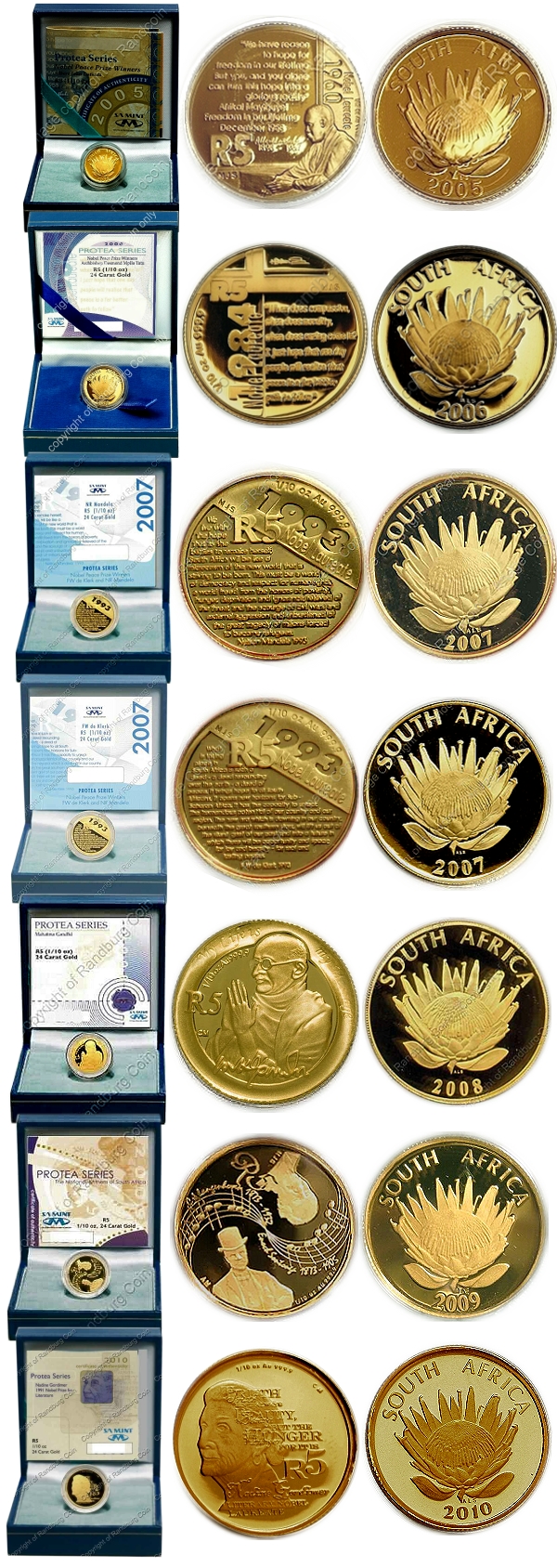 2005 2006 2007Mandela 2007DeKlerk 2008 2009 2010 Gold Protea Tenth oz Coins