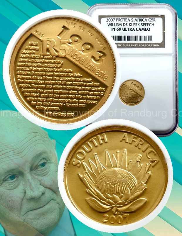 2007 Gold R5 PF69 Ultra Cameo Protea Willem De Klerk Speech Slabbed