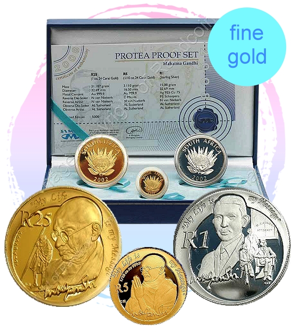 2008 Gold R25 R5 Silver R1 Gandhi Protea Proof Set