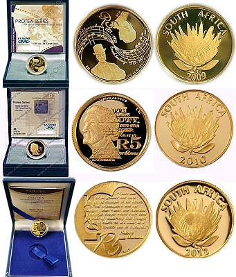 2009 2010 2012 Gold Protea Tenth oz Coins