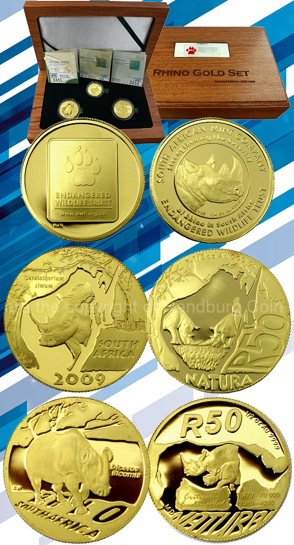 2009 and 2010 Gold Proof Natura Endangered Rhino Wildlife Set