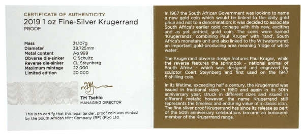 2019 Silver Proof Krugerrand cert rev